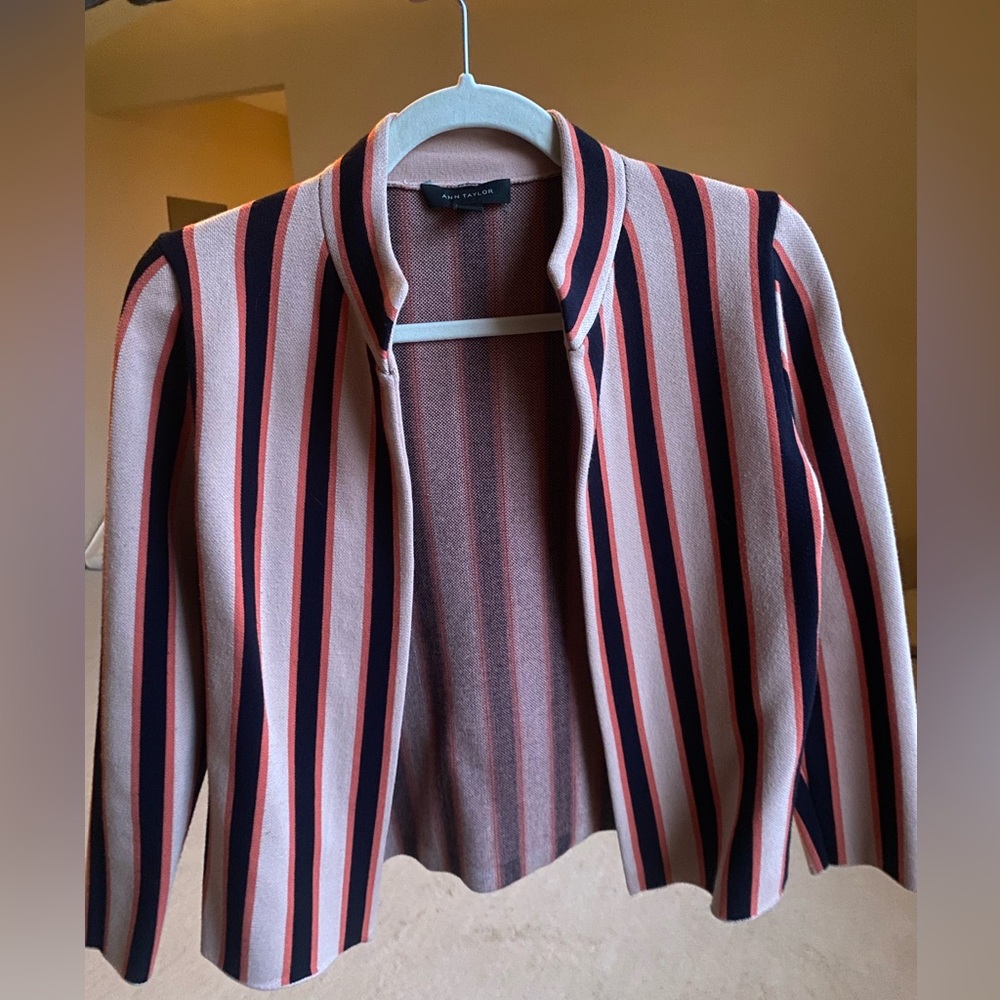 Ann Taylor Pink & Navy Striped Sweater Jacket - Very Good Condition